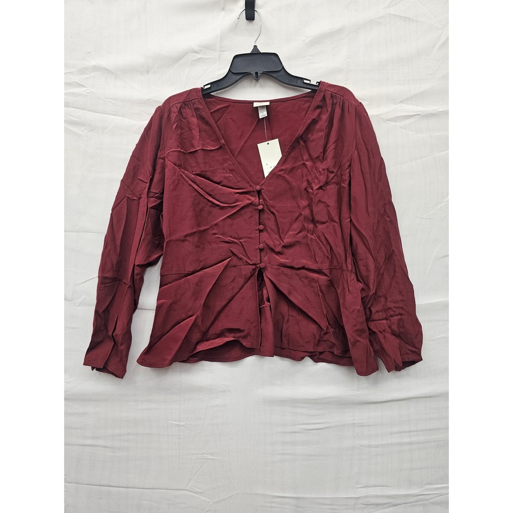 A New Day Womens Maroon V-Neck Button-Front‎ Peplum Blouse Top 018 02 5034 L